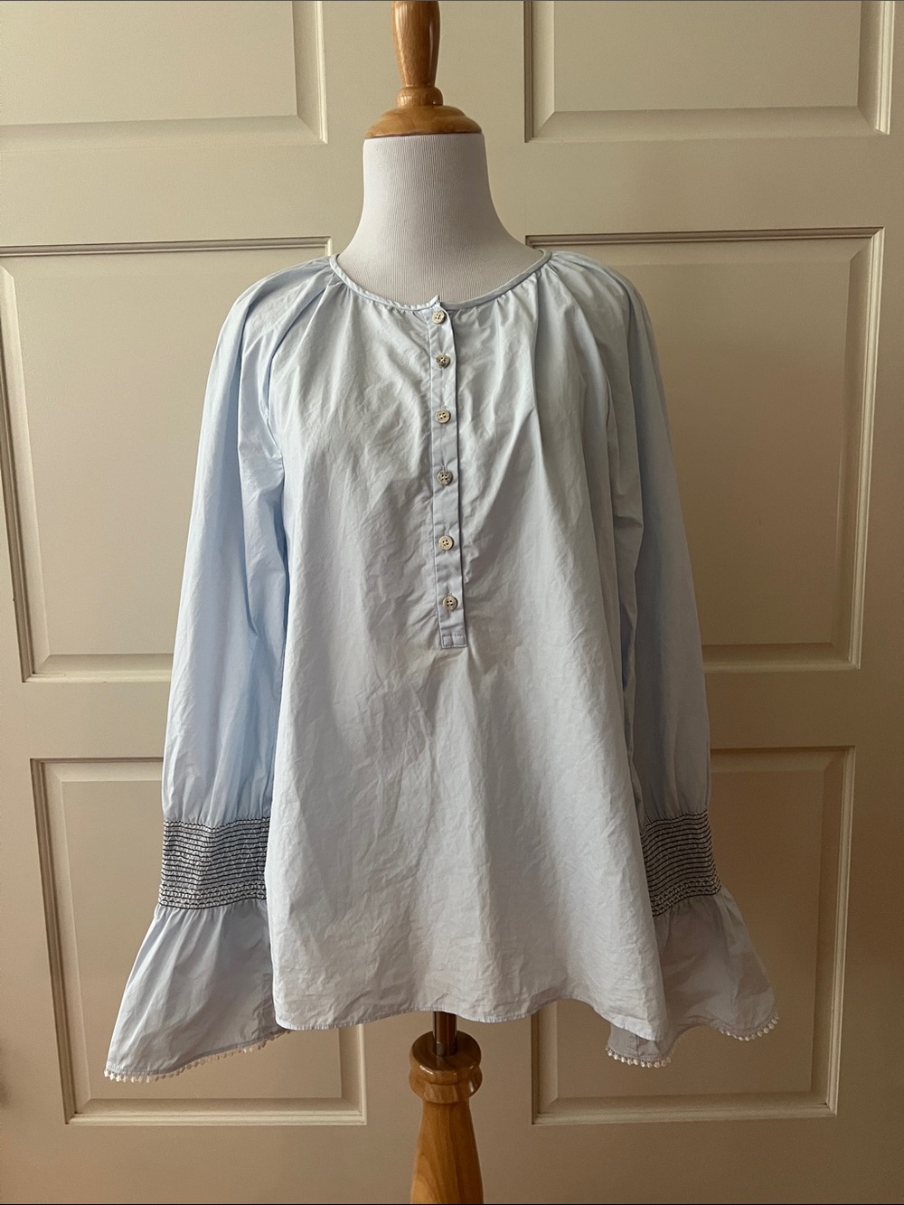 Derek Lam 10 Crosby Blue Cotton Shirt Embroidered Smocked Bell Sleeve size 10